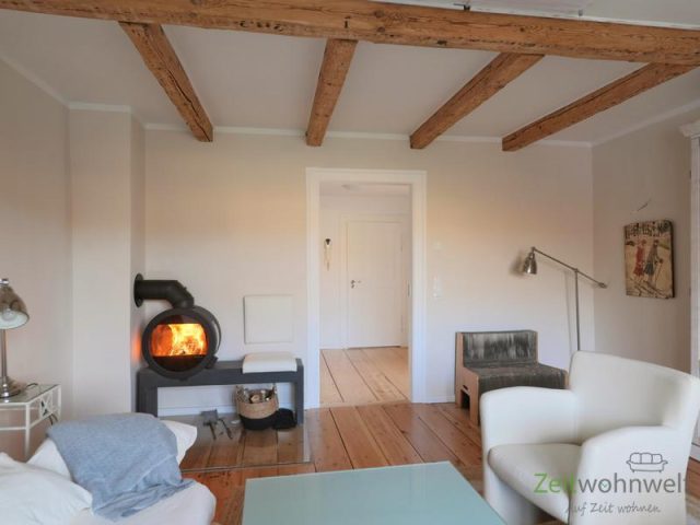 kleiner verglaster Kamin im Wohnzimmer