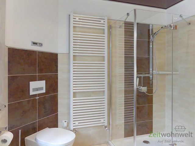 Dusche, WC und Soundanlage im Bad