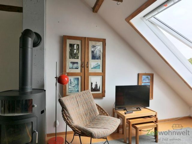 Blick zu Kamin und TV