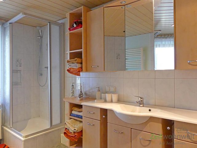 Dusche und Waschtisch im Bad